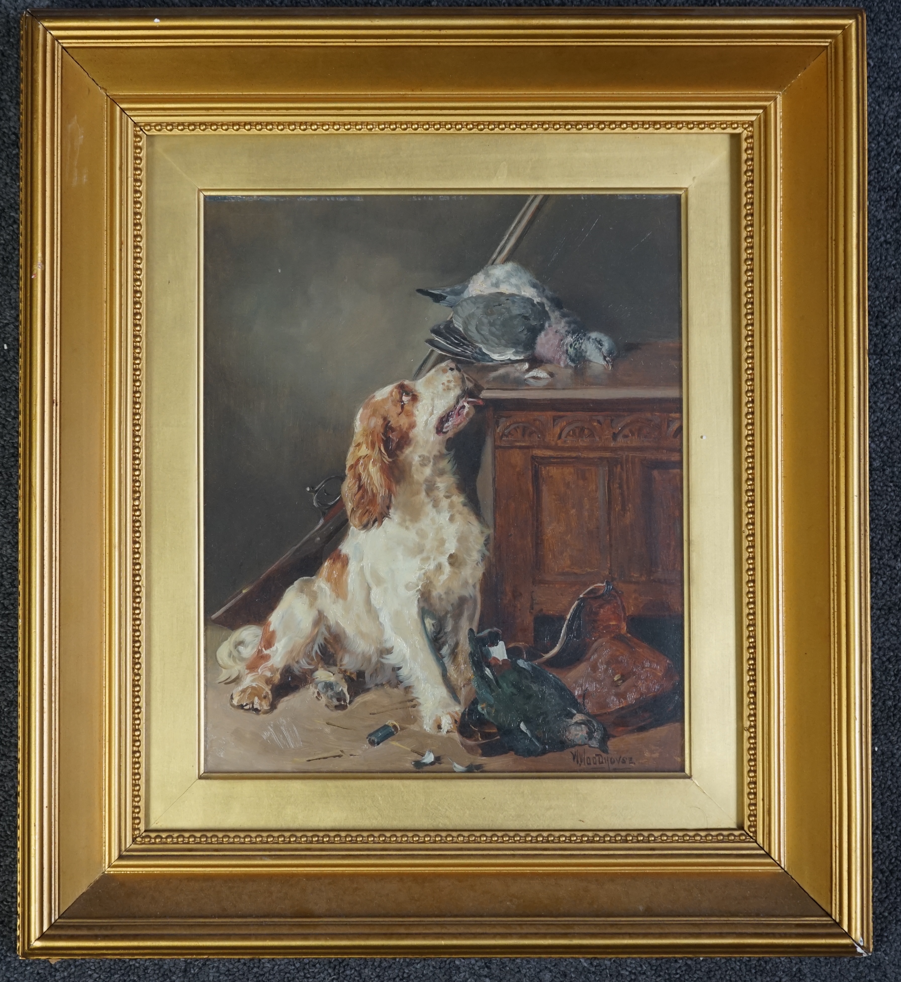 William Woodhouse (British, 1857-1939), 'After the shoot'; Cumberland spaniel and game, oil on panel, 29 x 24cm